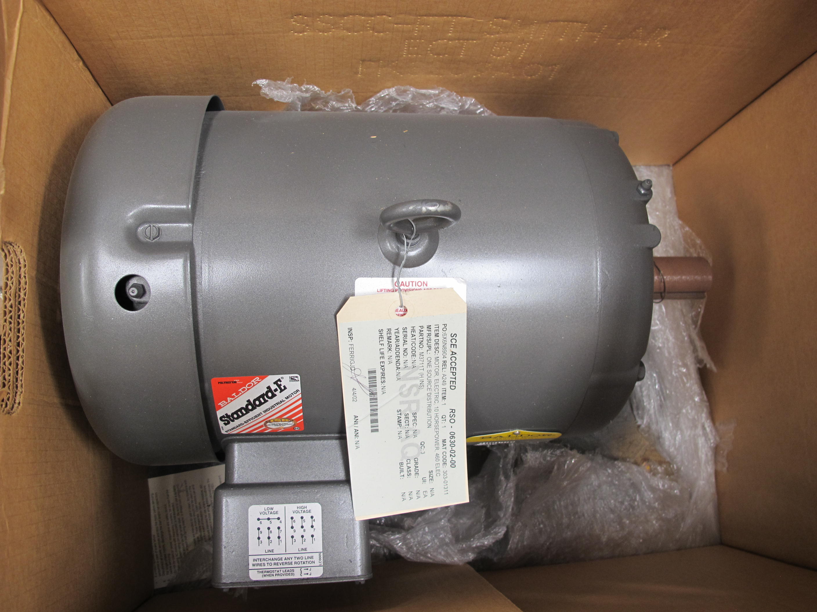 MOTOR, ELECTRIC TYPE, 10 HORSEPOWER, 230/460 ELEC RATING, 3500 RPM, 215T FRAME, 23/11.5 AMPS, TEFC ENCLOSURE. MUST BE MODIFIED WITH CLASS H INSULATION. DO NOT SUBSTITUTE, PART # M3711T (H INS) (W-44) LOADING & HANDLING FEE $15-